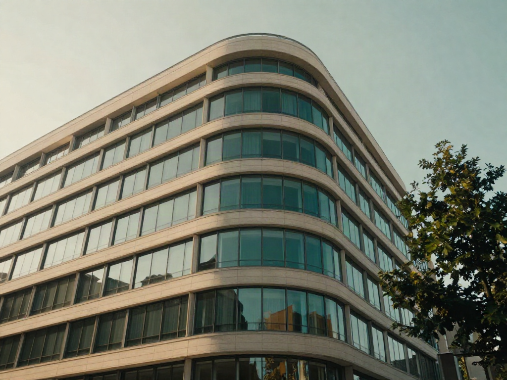 Curved glass office architecture reflecting soft morning light and greenery